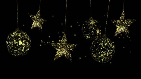 Animation-of-dots-over-golden-stars-and-baubles-on-black-background