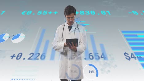 Animation-of-financial-data-and-graphs-over-caucasian-male-doctor