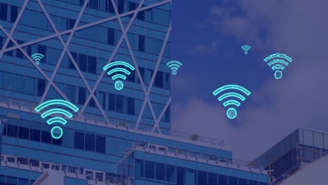 Animation-of-digital-wifi-icons-flying-over-cityscape