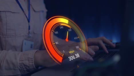 Animation-of-orange-speedometer-over-hands-of-caucasian-man-using-laptop