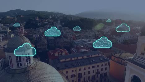 Animación-De-Nubes-Digitales-Volando-Sobre-El-Paisaje-Urbano