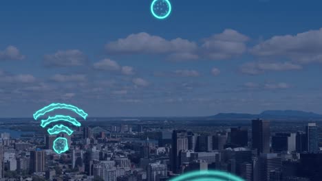 Animation-of-digital-wifi-icons-flying-over-cityscape