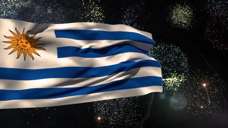 Animation-Der-Flagge-Uruguays-über-Feuerwerk-Auf-Schwarzem-Hintergrund