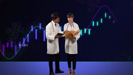 Animation-of-financial-data-and-graphs-over-caucasian-female-and-male-doctors