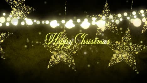 Animation-of-dots-and-happy-christmas-over-golden-stars-on-black-background