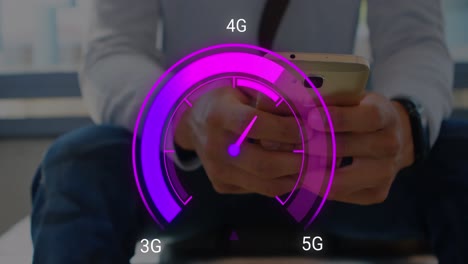 Animation-of-purple-speedometer-over-hands-of-caucasian-businessman-using-smartphone