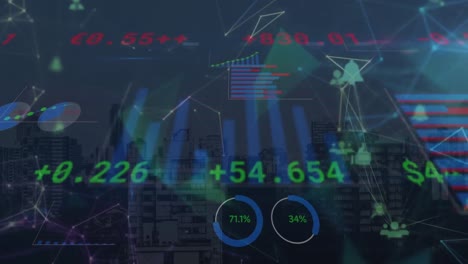 Animation-Von-Finanzdaten-Und-Diagramm-über-Dem-Stadtbild