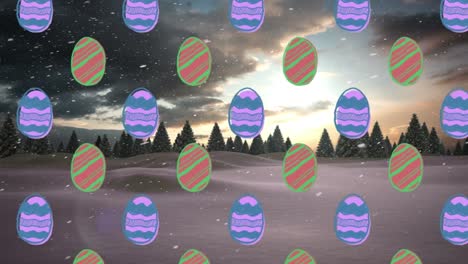 Animation-of-eggs-over-snow-falling-and-winter-landscape