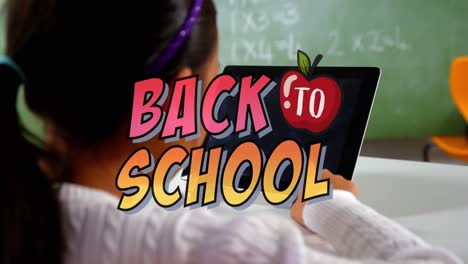 Animation-of-back-to-school-over-asian-girl-using-tablet-at-school