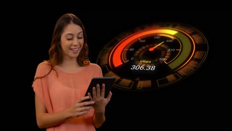 Animation-of-orange-speedometer-over-happy-caucasian-woman-using-tablet