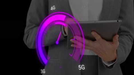 Animation-of-purple-speedometer-over-midsection-of-caucasian-businesswoman-using-tablet