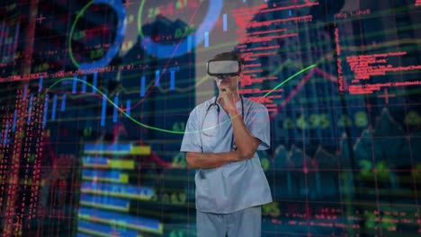 Animation-of-financial-data-and-graphs-over-caucasian-female-doctor-in-vr-headset