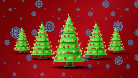 Animation-of-snowflakes-and-christmas-trees-on-red-background