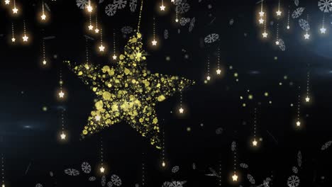 Animation-of-lights-falling-over-golden-star-on-black-background