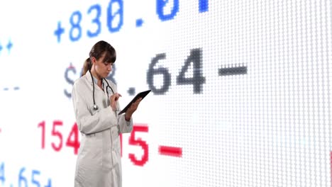 Animation-of-financial-data-and-graphs-over-caucasian-female-doctor
