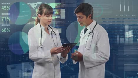 Animation-of-financial-data-and-graphs-over-caucasian-female-and-male-doctors