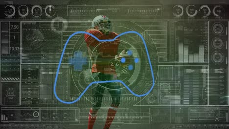 Animation-of-african-american-male-rugby-player-and-gampad-icon-over-data-processing