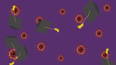 Animation-of-graduation-cap-icons-over-virus-cells-on-purple-background
