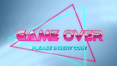Animation-of-game-over-please-insert-coin-text-over-shapes-on-blue-background