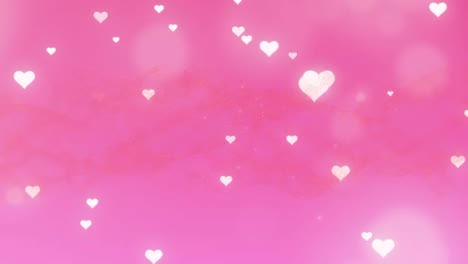 Animation-of-glowing-heart-icons-falling-against-pink-background