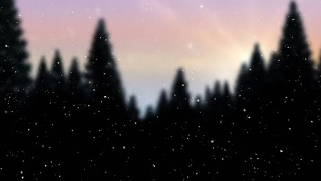 Animation-Von-Schnee,-Der-über-Die-Weihnachtliche-Winterlandschaft-Mit-Tannen-Fällt