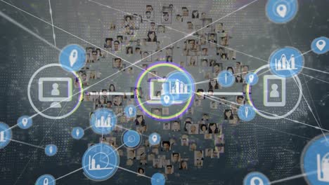 Animation-of-network-of-connections-with-icons-over-globe-with-people-portraits-on-blue-background