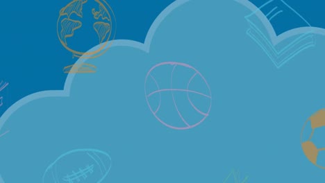 Animation-Von-Schulartikelsymbolen-über-Wolken-Auf-Blauem-Hintergrund