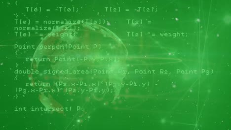 Animation-Eines-Netzwerks-Von-Verbindungen-Und-Datenverarbeitung-über-Einem-Sich-Drehenden-Globus-Vor-Grünem-Hintergrund