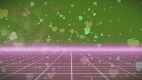 Animation-of-grid-and-falling-hearts-over-green-background