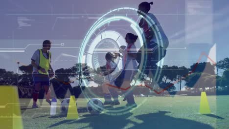 Animation-of-data-processing-and-round-scanner-over-team-of-female-soccer-players-training