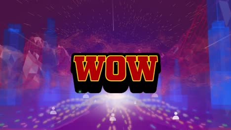 Animation-of-wow-text-banner-over-light-trails-and-3d-city-model-against-pink-background