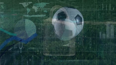 Animation-of-data-processing-and-padlock-icon-over-diverse-football-players