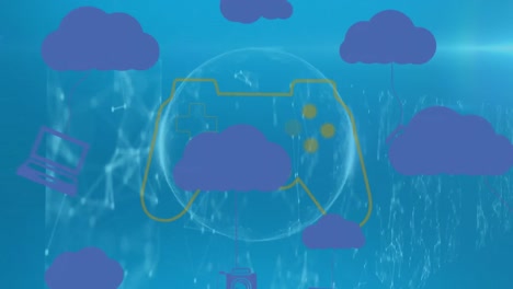 Animation-Des-Videospiel-Controller-Symbols-Und-Digitaler-Symbole,-Die-Mit-Dem-Wolkensymbol-Vor-Blauem-Hintergrund-Verbunden-Sind