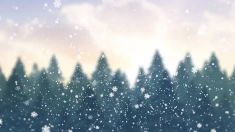 Animación-De-Nieve-Cayendo-Sobre-Un-Paisaje-Invernal-Navideño-Con-Abetos.