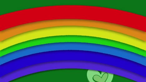 Animation-of-rainbow-and-flying-hearts-over-green-background
