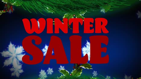 Animation-of-winter-sale-text-over-snow-and-decorations-on-blue-background