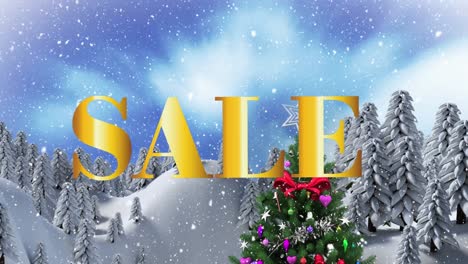Animation-of-sale-text-over-christmas-tree-and-winter-landscape