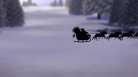 Animation-Von-Schnee,-Der-über-Die-Weihnachtliche-Winterlandschaft-Fällt,-Und-Weihnachtsmann-Im-Schlitten