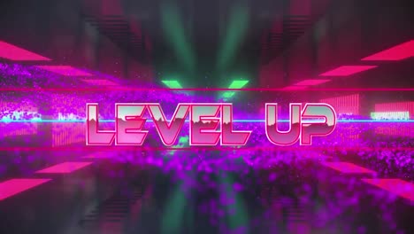Animation-of-level-up-text-in-pink-letters-over-digital-interface-pattern