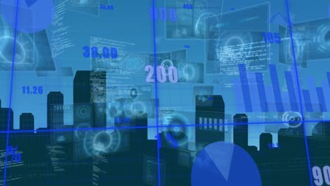 Animation-of-digital-interface-and-data-processing-over-cityscape-on-blue-background