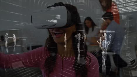 Animation-of-data-processing-over-biracial-businesswoman-using-vr-headset