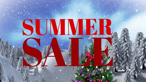 Animation-of-summer-sale-text-over-christmas-tree-and-winter-landscape