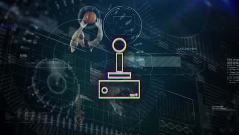 Animation-Eines-Kaukasischen-Männlichen-Basketballspielers-Und-Eines-Gamepad-Symbols-über-Der-Datenverarbeitung