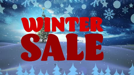 Animation-of-winter-sale-text-over-christmas-tree-and-winter-landscape