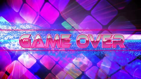 Animation-of-game-over-text-banner-over-digital-wave-against-light-spot-and-purple-square-shapes