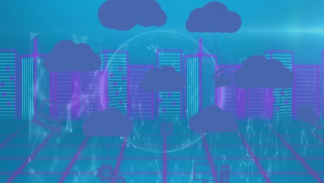 Animación-De-íconos-Digitales-Vinculados-A-íconos-De-Nubes-Sobre-El-Mundo,-Procesamiento-De-Datos-Y-Modelo-De-Ciudad-3d