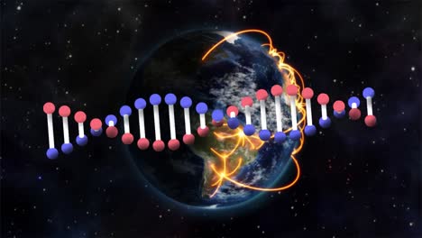 Animation-Eines-DNA-Strangs-über-Dem-Globus-Auf-Schwarzem-Hintergrund