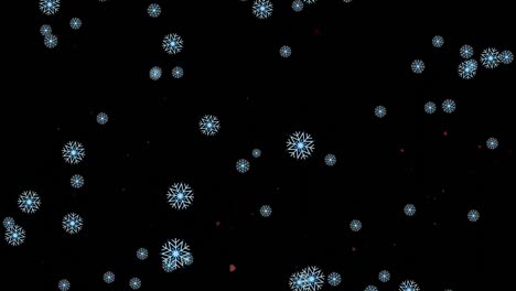 Animation-Von-Schneeflocken-über-Herzen-Auf-Schwarzem-Hintergrund