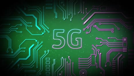 Animation-of-5g-text-with-computer-circuit-board-on-green-background