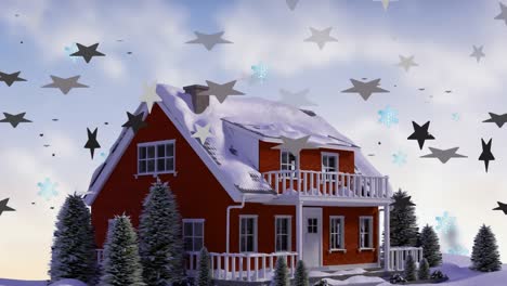 Animation-of-stars-and-snowflakes-over-house-and-winter-landscape